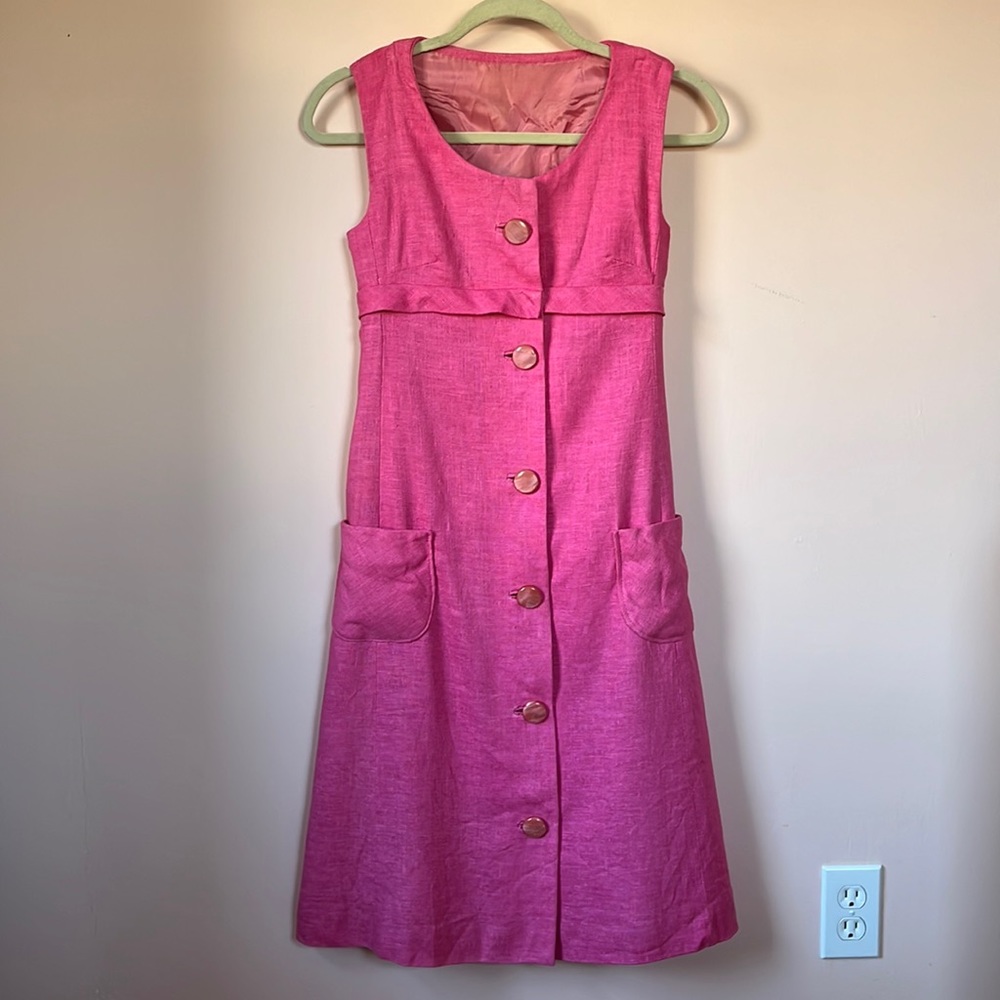 VINTAGE 1960s/1970s Pink Linen Sleeveless Button Down Midi Dress